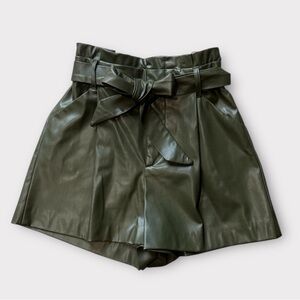 Zara Olive Green Tie Belt Paper Bag Style Stretchy Waist Faux Leather Shorts